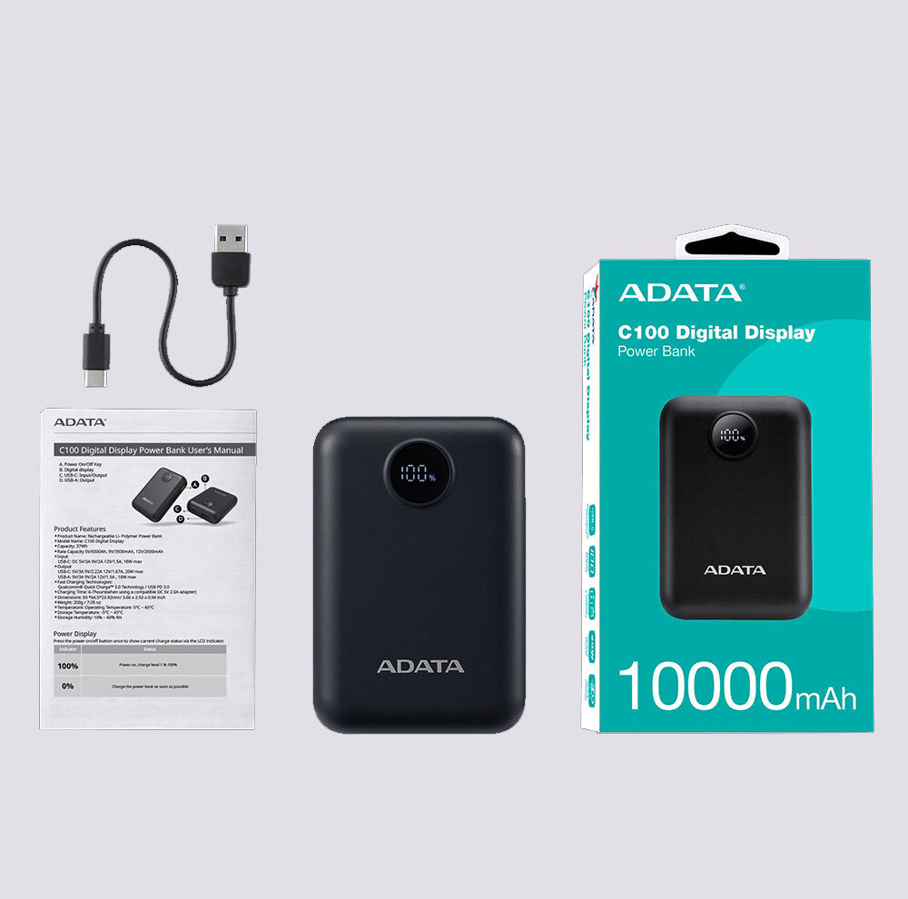 پاوربانک 20 وات ای دیتا مدل C100 Digital Display ظرفیت 10000 میلیآمپرساعت