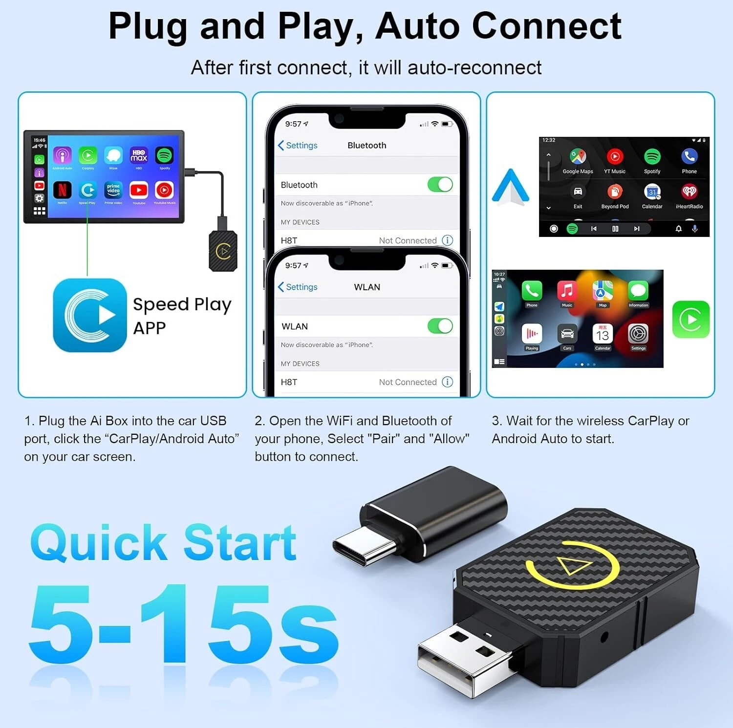 کارپلی و اندروید اتو مدل Wireless CarPlay/Android Auto Q1M به همراه مبدل USB به USB-C