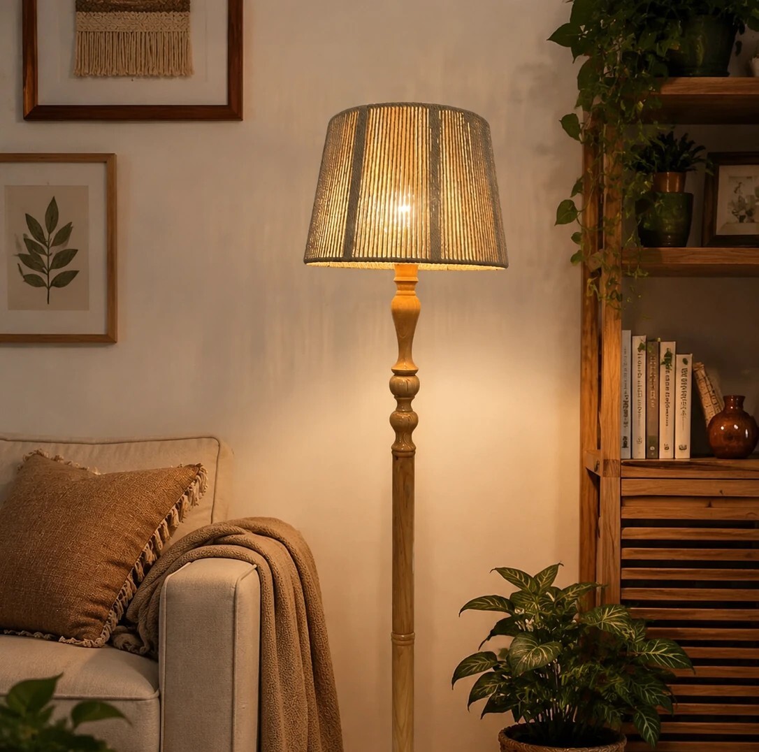 آباژور ایستاده چوبی خراطی مدل مخروطی مکرومه