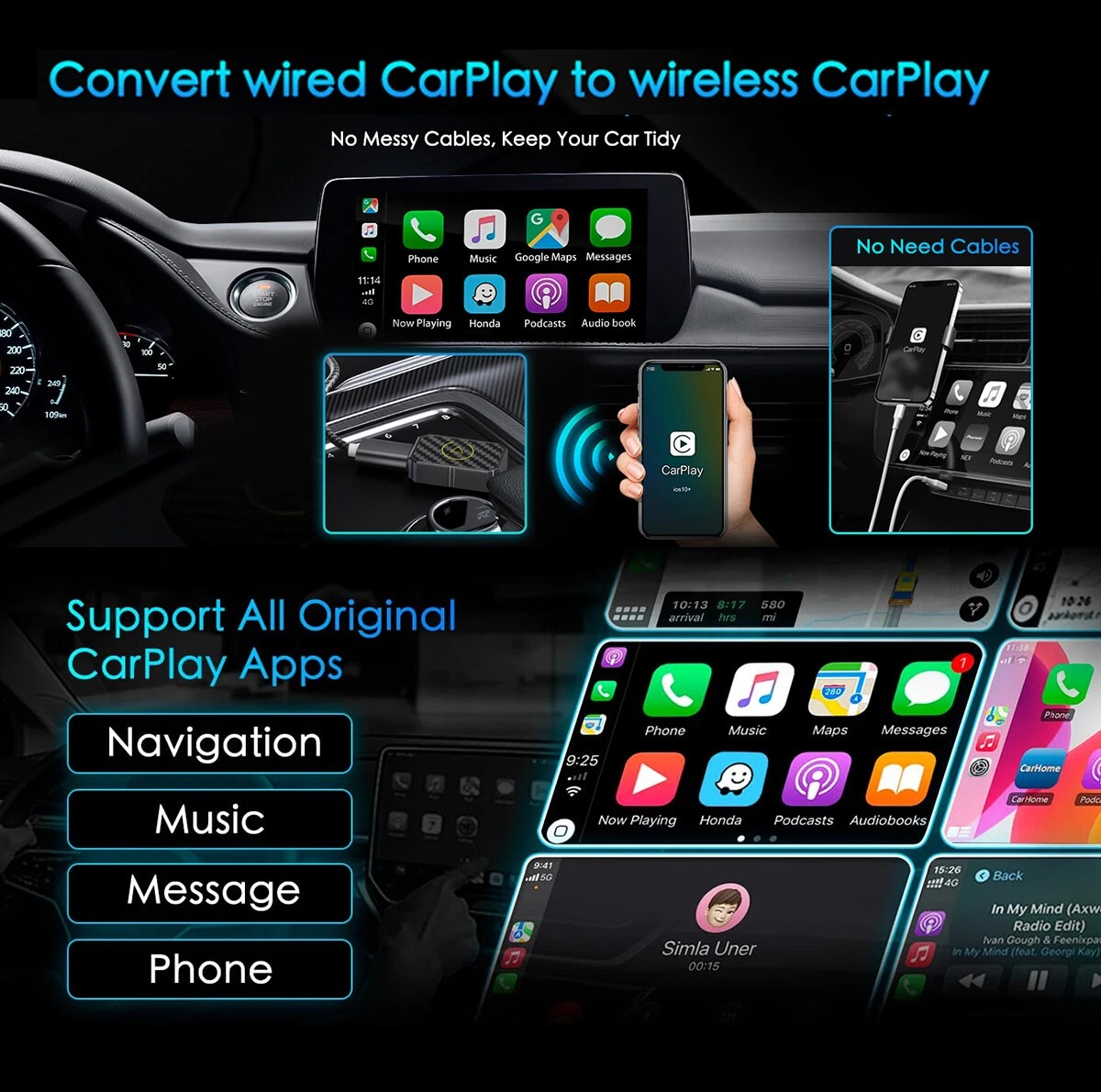 کارپلی و اندروید اتو مدل Wireless CarPlay/Android Auto Q1M به همراه مبدل USB به USB-C