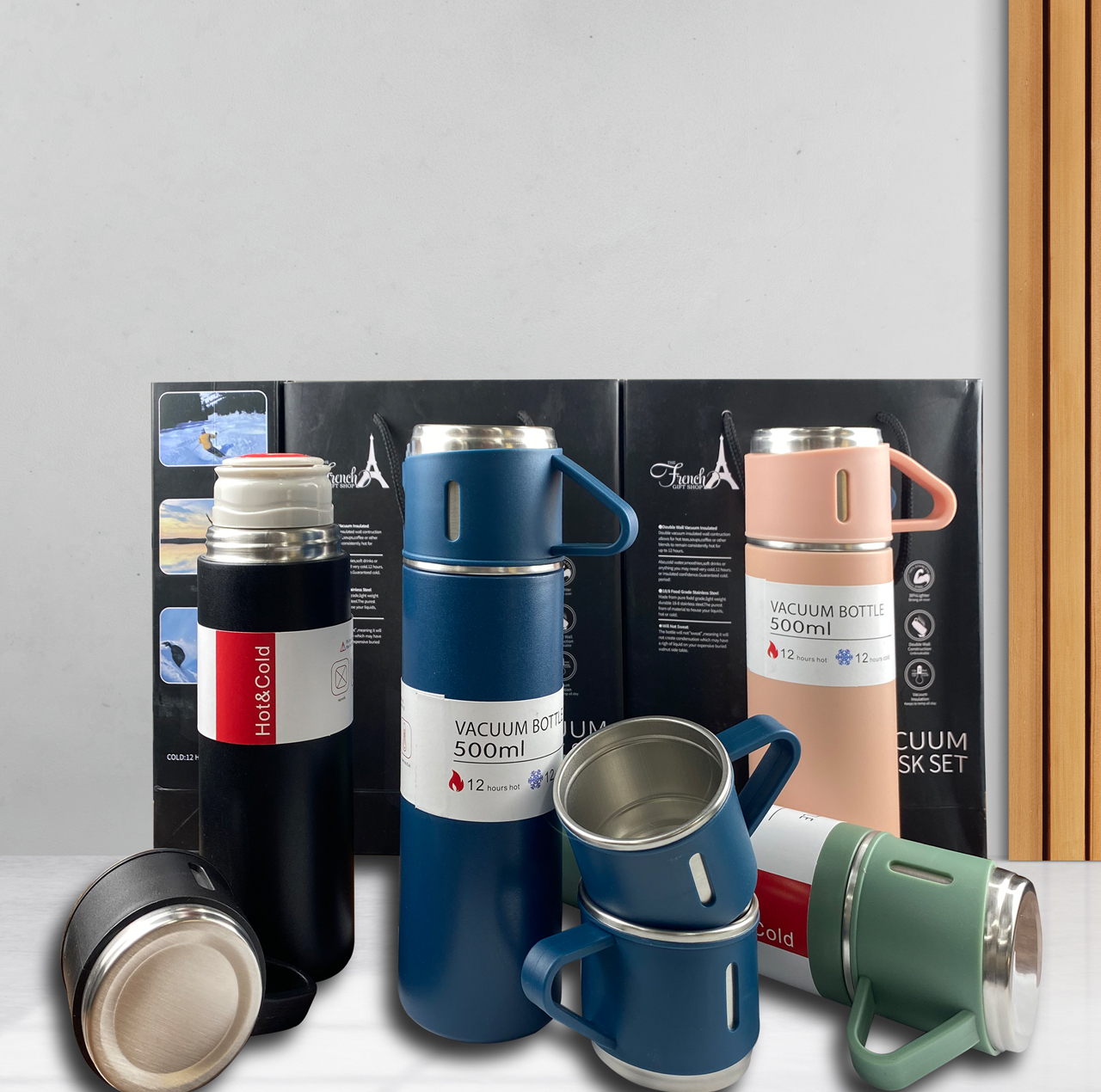فلاسک مدل کادویی NEW VACUUM FLASK SET گنجایش 0.5 لیتر به همراه لیوان مجموعه 3 عددی