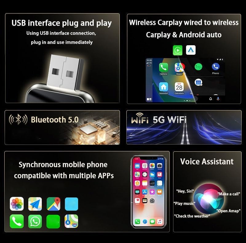 کارپلی و اندروید اتو مدل Wireless CarPlay/Android Auto Q1J به همراه مبدل USB به USB-C