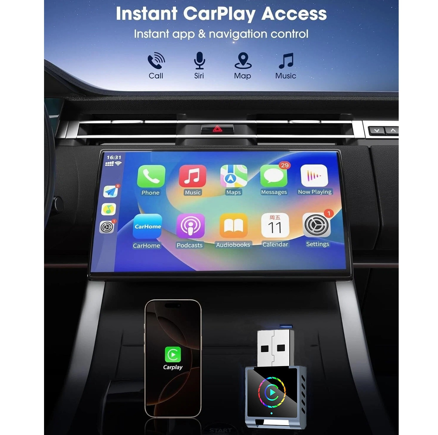 کارپلی و اندروید اتو مدل Wireless CarPlay/Android Auto Q1BD به همراه مبدل USB به USB-C