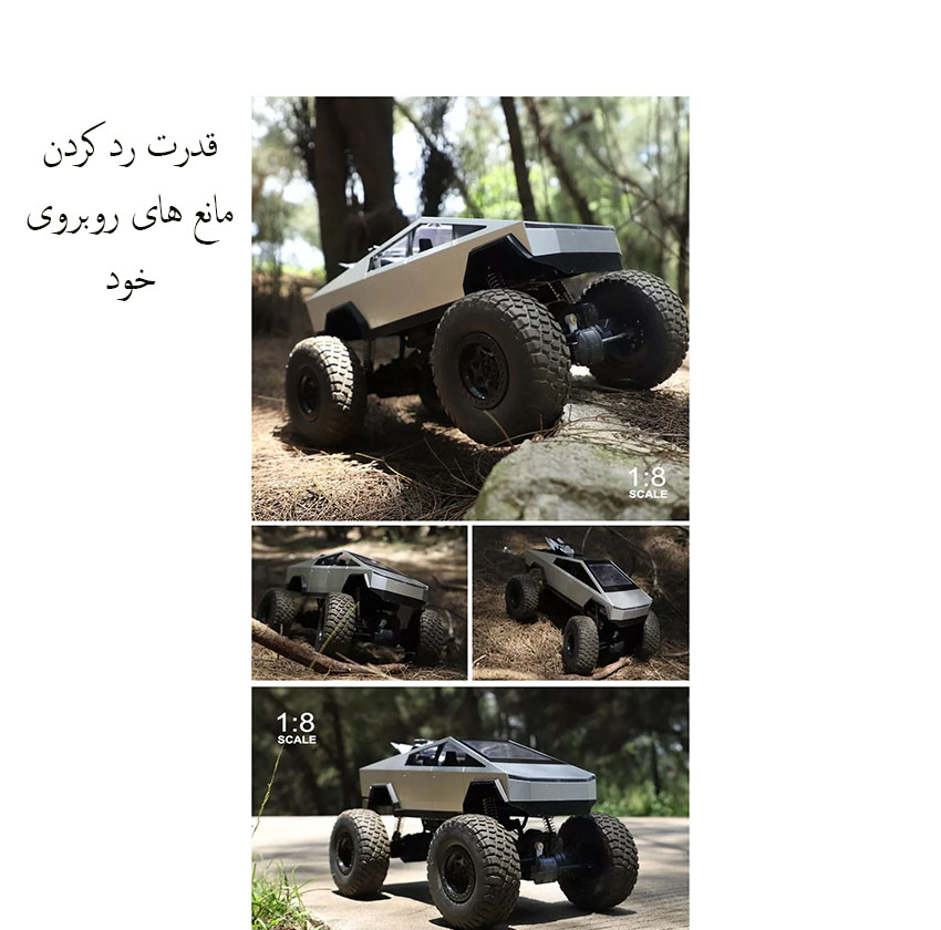 ماشین بازی کنترلی MZ مدل تسلا سایبر تراک بزرگ 1:08 با چهارچرخ محرک 4x4، دو موتور براش، بدنه آلیاژ آلومینیوم، سرعت تا 8 کیلومتر بر ساعت، چراغ LED و باتری شارژی 7.4 ولت با کنترل 2.4 گیگاهرتز