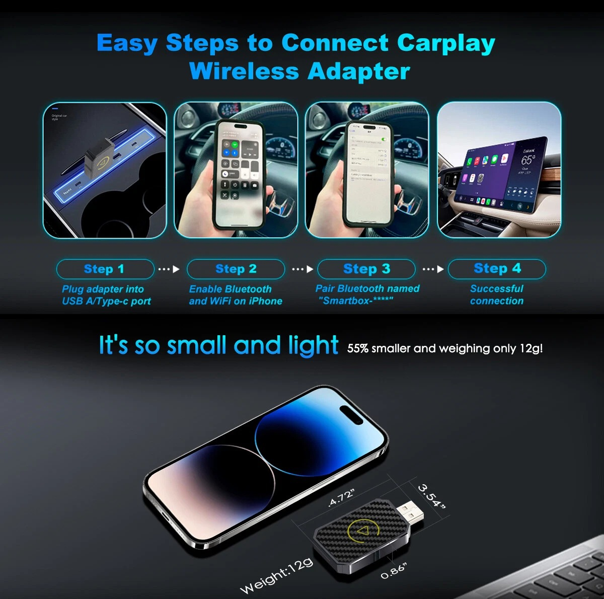 کارپلی و اندروید اتو مدل Wireless CarPlay/Android Auto Q1M به همراه مبدل USB به USB-C
