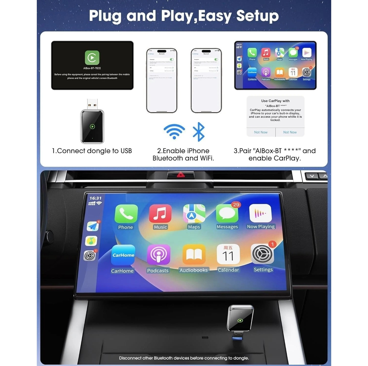 کارپلی و اندروید اتو مدل Wireless CarPlay/Android Auto Q1J به همراه مبدل USB به USB-C