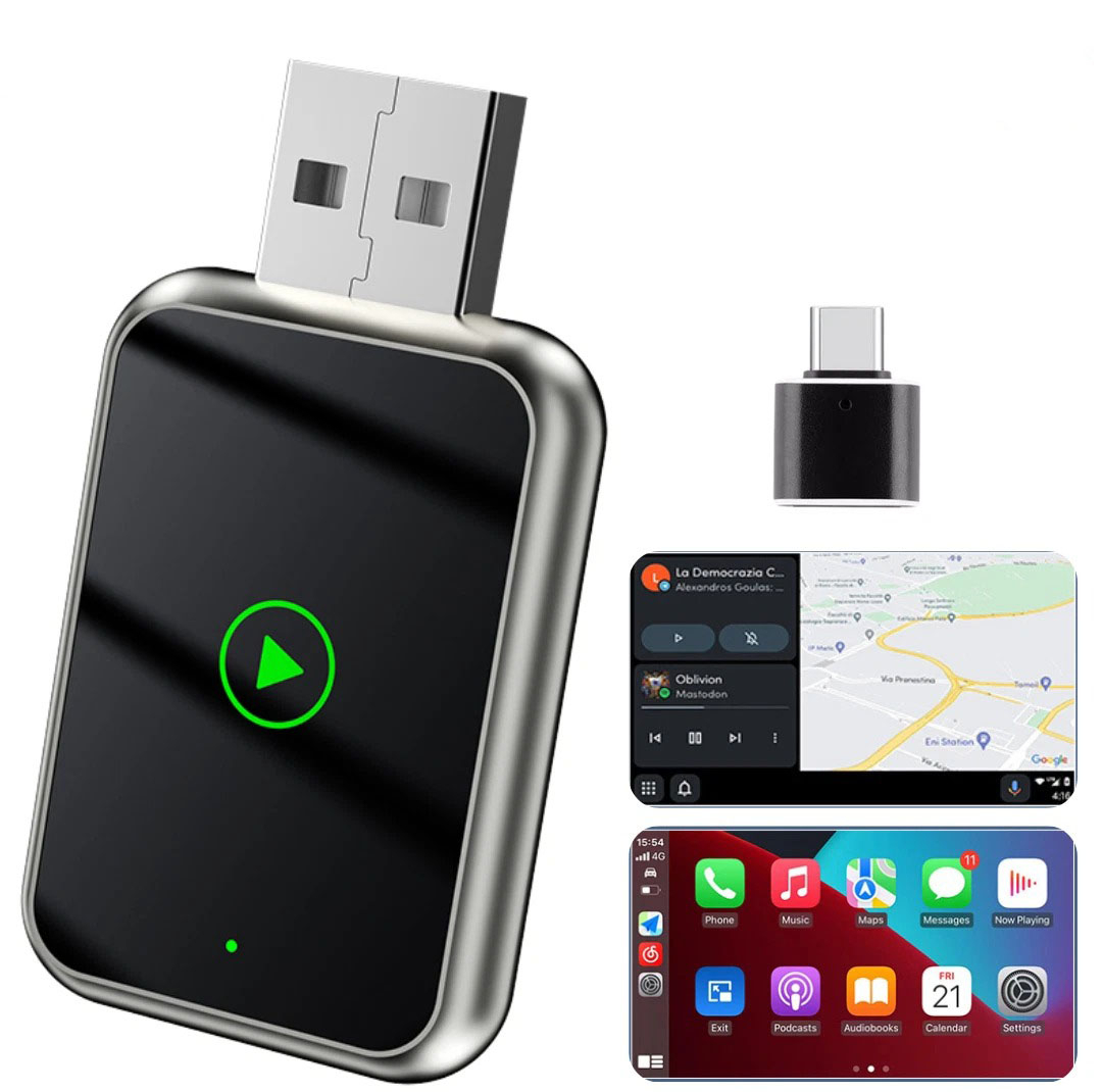 کارپلی و اندروید اتو مدل Wireless CarPlay/Android Auto Q1J به همراه مبدل USB به USB-C