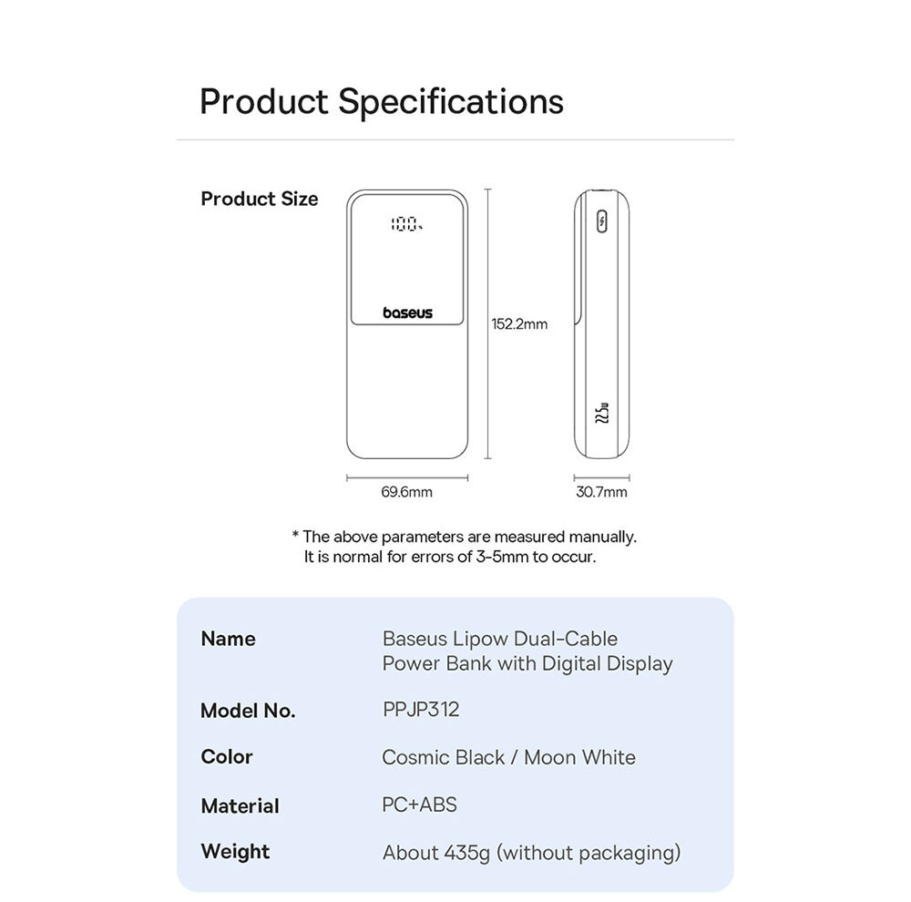 پاوربانک 22 وات بیسوس مدل LIPOW Dual ظرفیت 20000 میلیآمپرساعت به همراه کابل USB-C و لایتنینگ