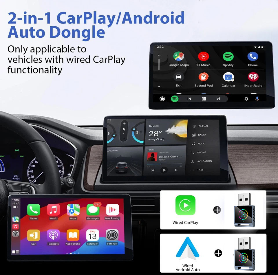 کارپلی و اندروید اتو مدل Wireless CarPlay/Android Auto Q1BD به همراه مبدل USB به USB-C