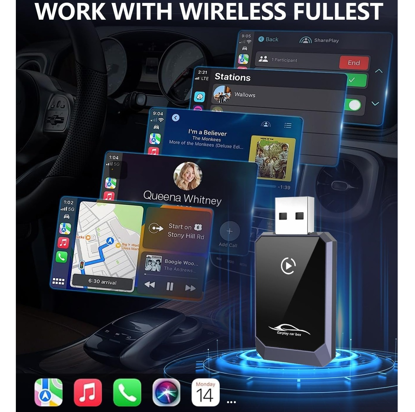 کارپلی و اندروید اتو مدل Wireless CarPlay/Android Auto Q1Y به همراه مبدل USB به USB-C