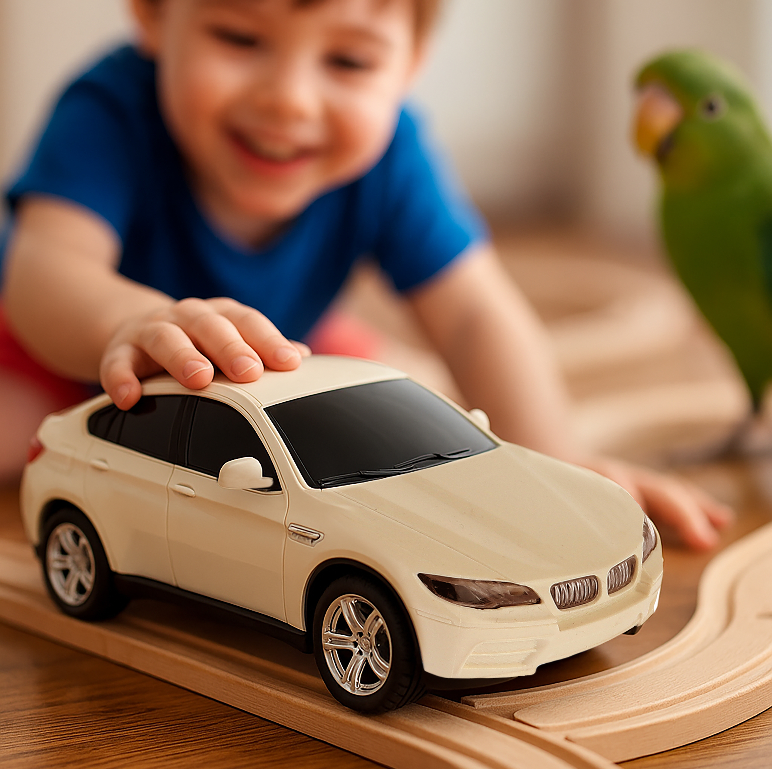 ماشین بازی کنترلی مدل سواری طرح BMW دارای چراغ و قابلیت حرکت در چهار جهت جلو، عقب، چپ و راست، بدنه پلاستیکی سبک و ابعاد 150x70x100 میلیمتر
