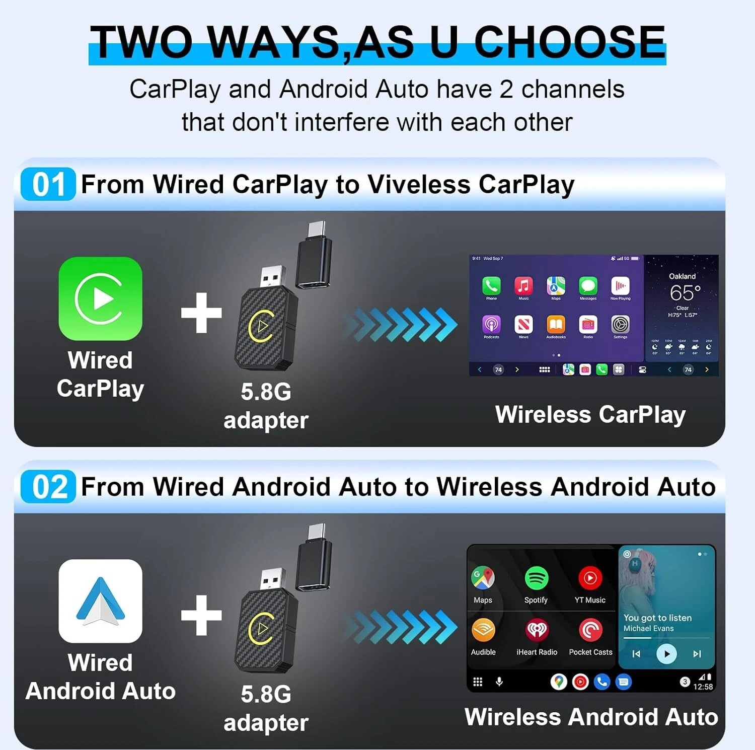 کارپلی و اندروید اتو مدل Wireless CarPlay/Android Auto Q1M به همراه مبدل USB به USB-C
