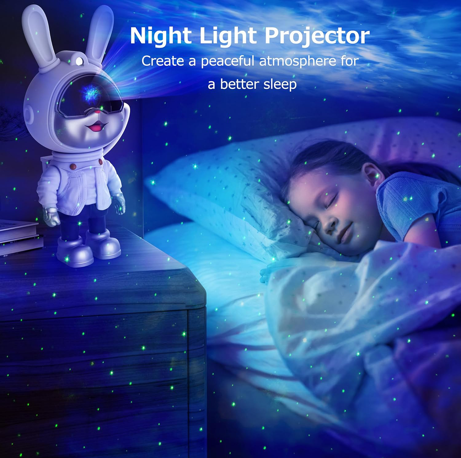 چراغ خواب رومیزی مدل galaxy nightlight projector خرگوش فضانورد با نور کهکشانی