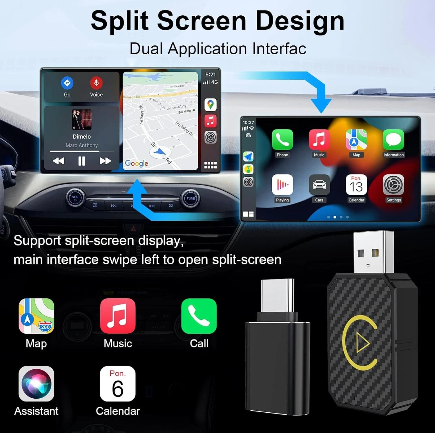کارپلی و اندروید اتو مدل Wireless CarPlay/Android Auto Q1M به همراه مبدل USB به USB-C