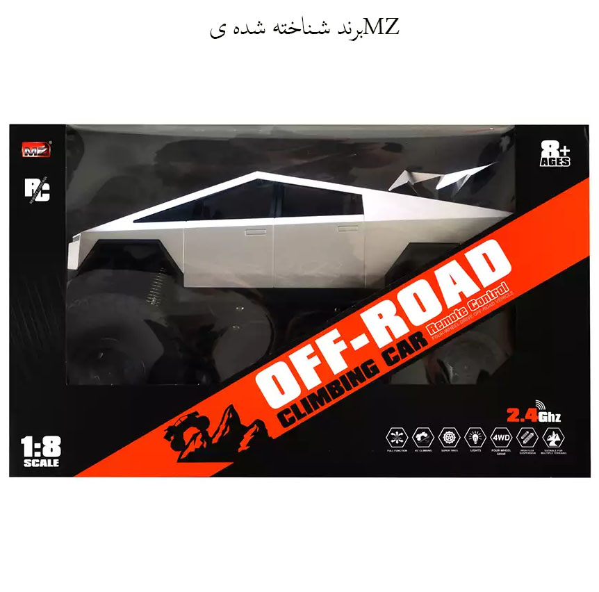 ماشین بازی کنترلی MZ مدل تسلا سایبر تراک بزرگ 1:08 با چهارچرخ محرک 4x4، دو موتور براش، بدنه آلیاژ آلومینیوم، سرعت تا 8 کیلومتر بر ساعت، چراغ LED و باتری شارژی 7.4 ولت با کنترل 2.4 گیگاهرتز