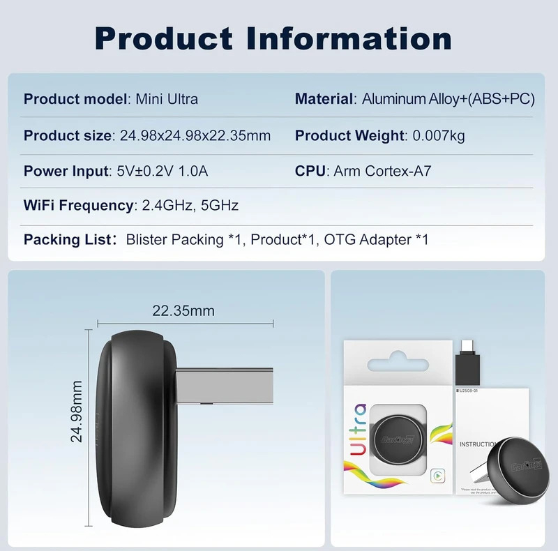 دانگل وایرلس کارپلی و اندروید اتو کارلینکیت مدل Carlinkit Mini Ultra3
