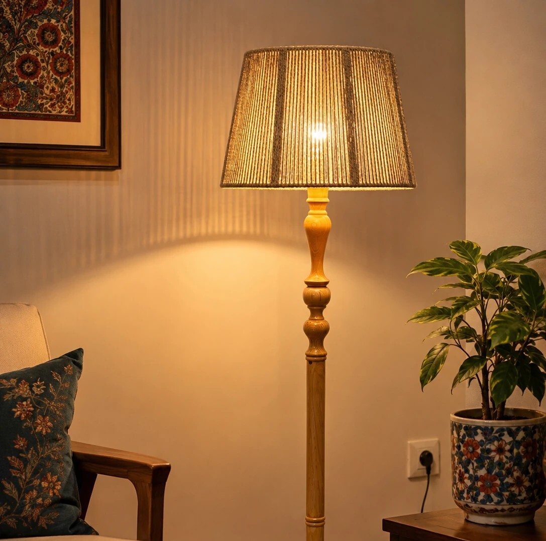 آباژور ایستاده چوبی خراطی مدل مخروطی مکرومه