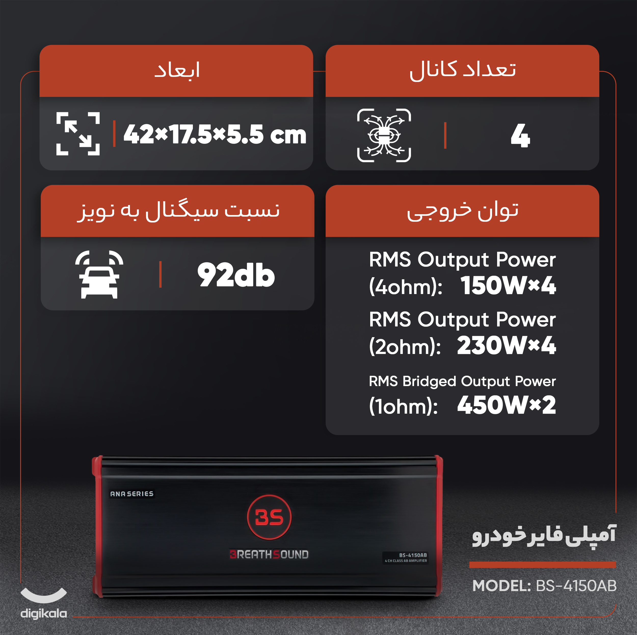 آمپلی فایر خودرو 4 کانال صدای نفس مدل BS-4150AB