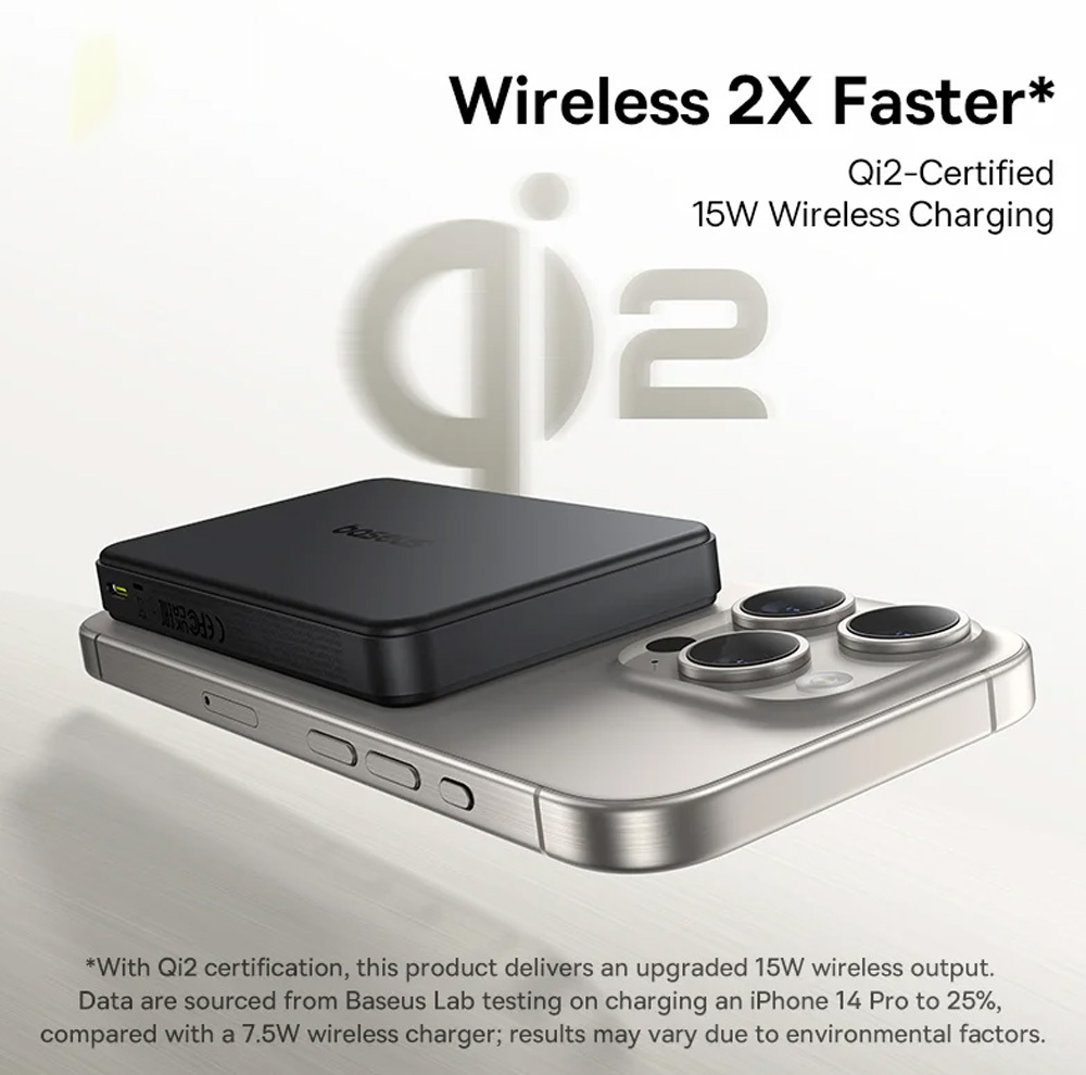 پاوربانک بی‌سیم 22.5 وات بیسوس مدل Airpow Ⅱ Qi2 Magnetic ظرفیت 10000 میلی‌آمپر ساعت