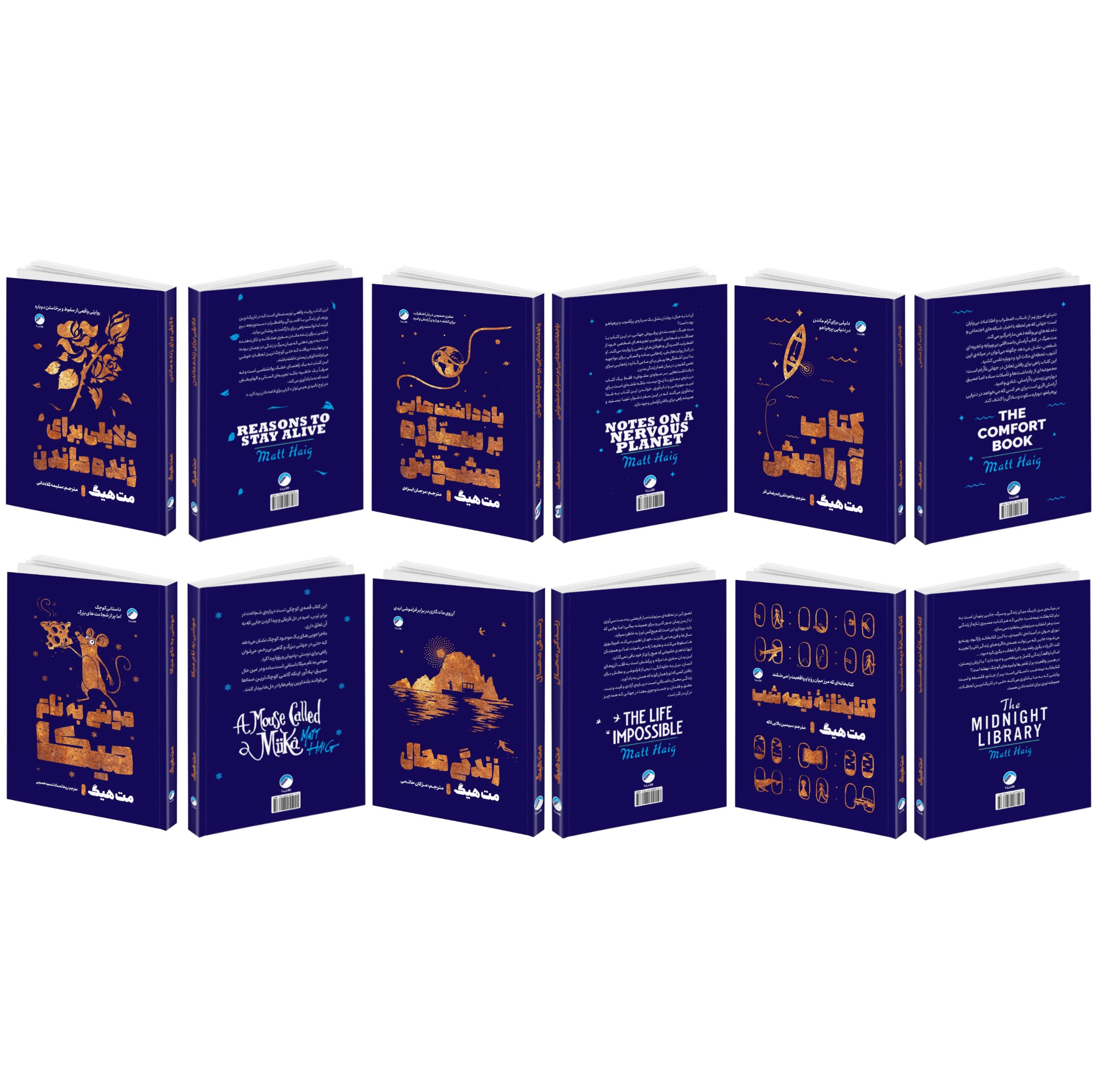 کتاب کتابخانه نیمه شب، کتاب آرامش، زندگی محال، دلایلی برای زنده ماندن، موشی به نام میکا، یادداشت هایی بر سیاره مشوش اثر مت هیگ انتشارات هیتا 6 جلدی