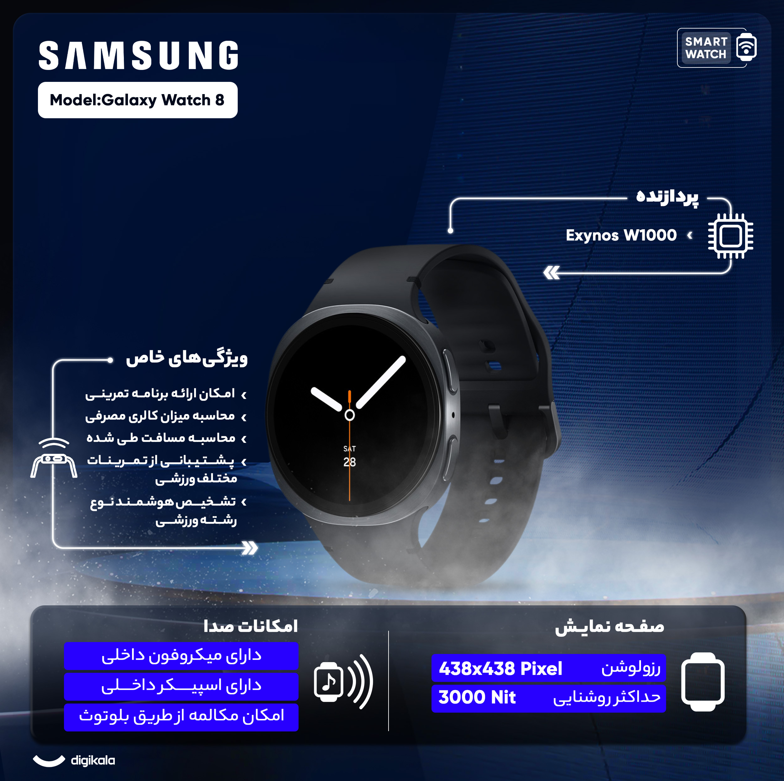 ساعت هوشمند 40 میلیمتری سامسونگ مدل Galaxy Watch 8 با بند پلاستیکی