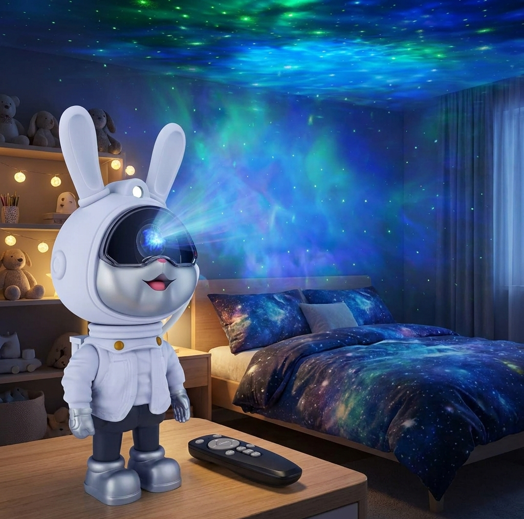 چراغ خواب رومیزی مدل galaxy nightlight projector خرگوش فضانورد با نور کهکشانی