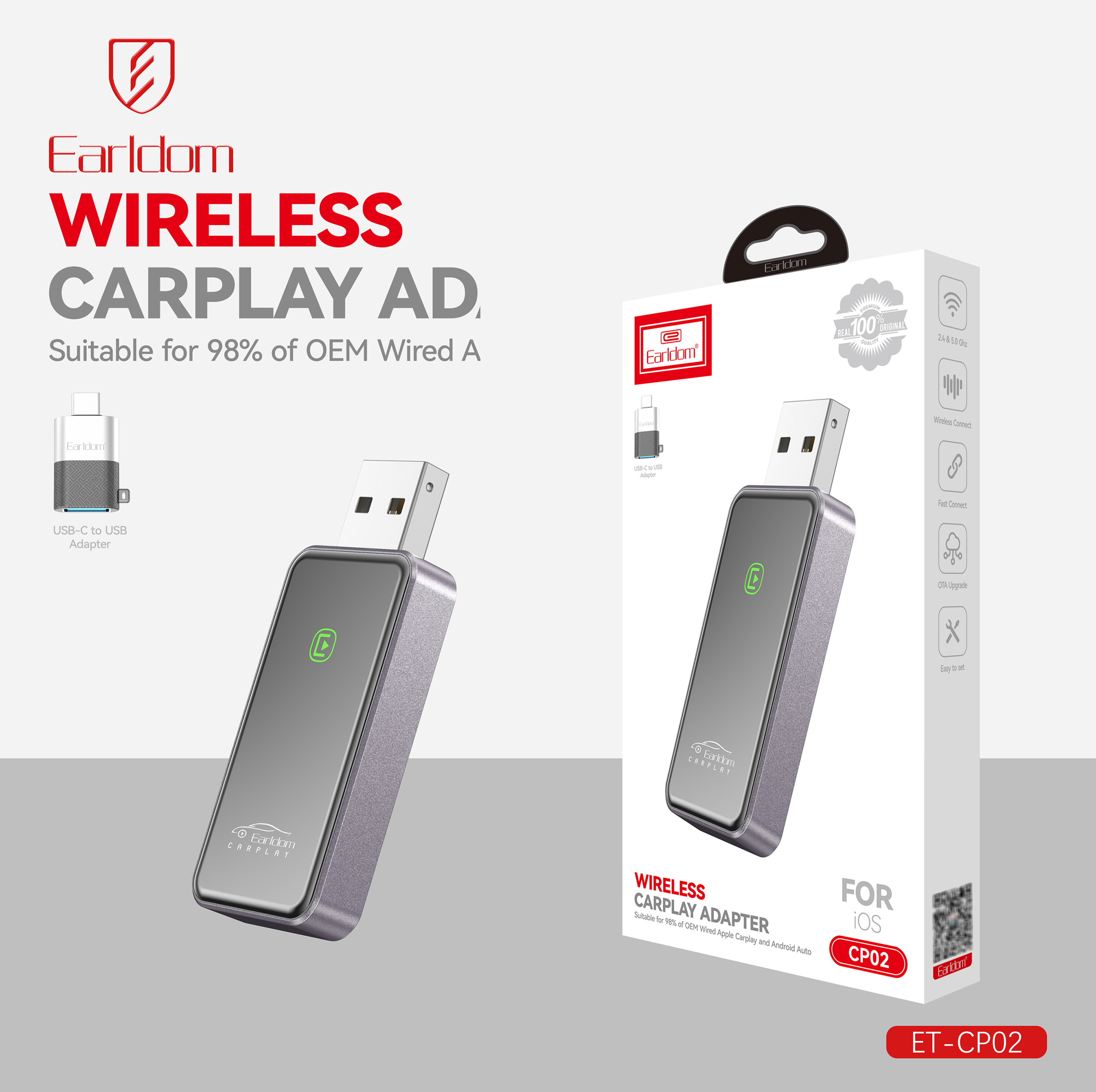 کارپلی و اندروید اتو ارلدام مدل CP02 به همراه تبدیل USB به USB-C