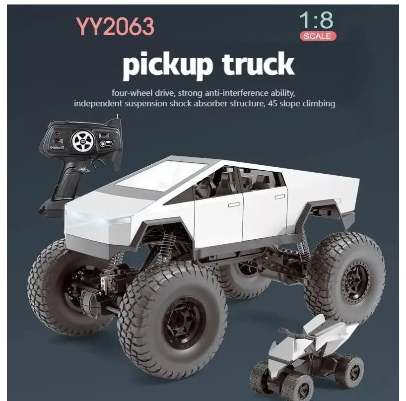 ماشین بازی کنترلی MZ مدل تسلا سایبر تراک بزرگ 1:08 با چهارچرخ محرک 4x4، دو موتور براش، بدنه آلیاژ آلومینیوم، سرعت تا 8 کیلومتر بر ساعت، چراغ LED و باتری شارژی 7.4 ولت با کنترل 2.4 گیگاهرتز