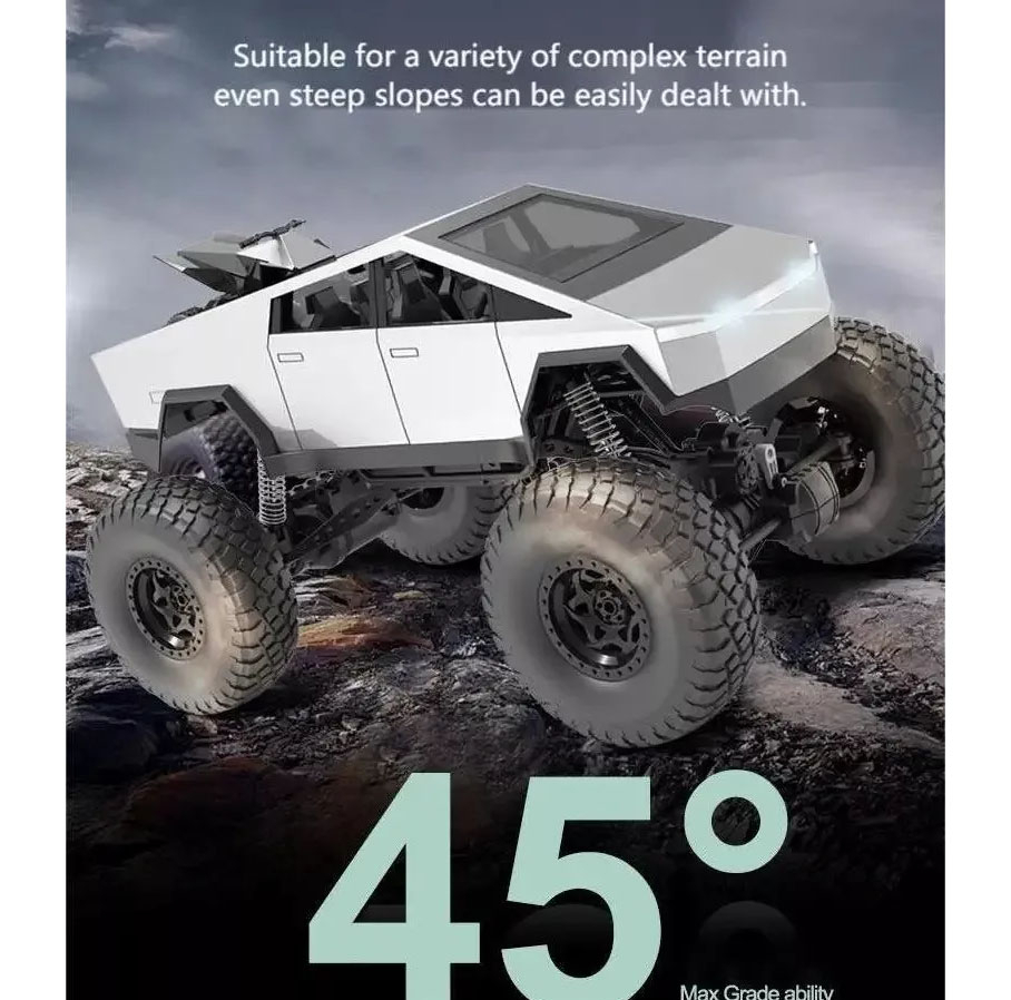 ماشین بازی کنترلی MZ مدل تسلا سایبر تراک بزرگ 1:08 با چهارچرخ محرک 4x4، دو موتور براش، بدنه آلیاژ آلومینیوم، سرعت تا 8 کیلومتر بر ساعت، چراغ LED و باتری شارژی 7.4 ولت با کنترل 2.4 گیگاهرتز