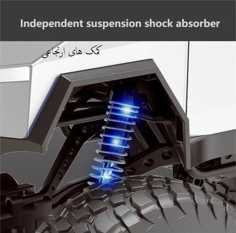 ماشین بازی کنترلی MZ مدل تسلا سایبر تراک بزرگ 1:08 با چهارچرخ محرک 4x4، دو موتور براش، بدنه آلیاژ آلومینیوم، سرعت تا 8 کیلومتر بر ساعت، چراغ LED و باتری شارژی 7.4 ولت با کنترل 2.4 گیگاهرتز