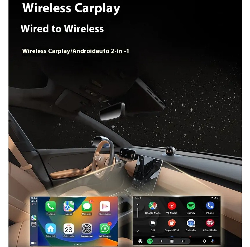 کارپلی و اندروید اتو مدل Wireless CarPlay/Android Auto Q1J به همراه مبدل USB به USB-C