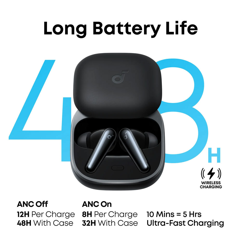 هدفون بلوتوثی انکر مدل Soundcore Liberty 5 با نویز کنسلینگ فعال (ANC)، درگاه شارژ USB Type-C، تا 30 ساعت زمان پخش موسیقی، دارای سنسور نوری داخل گوش و مقاوم در برابر رطوبت و عرق