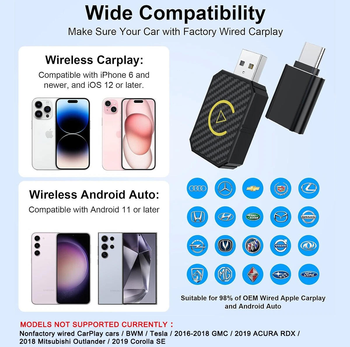 کارپلی و اندروید اتو مدل Wireless CarPlay/Android Auto Q1M به همراه مبدل USB به USB-C