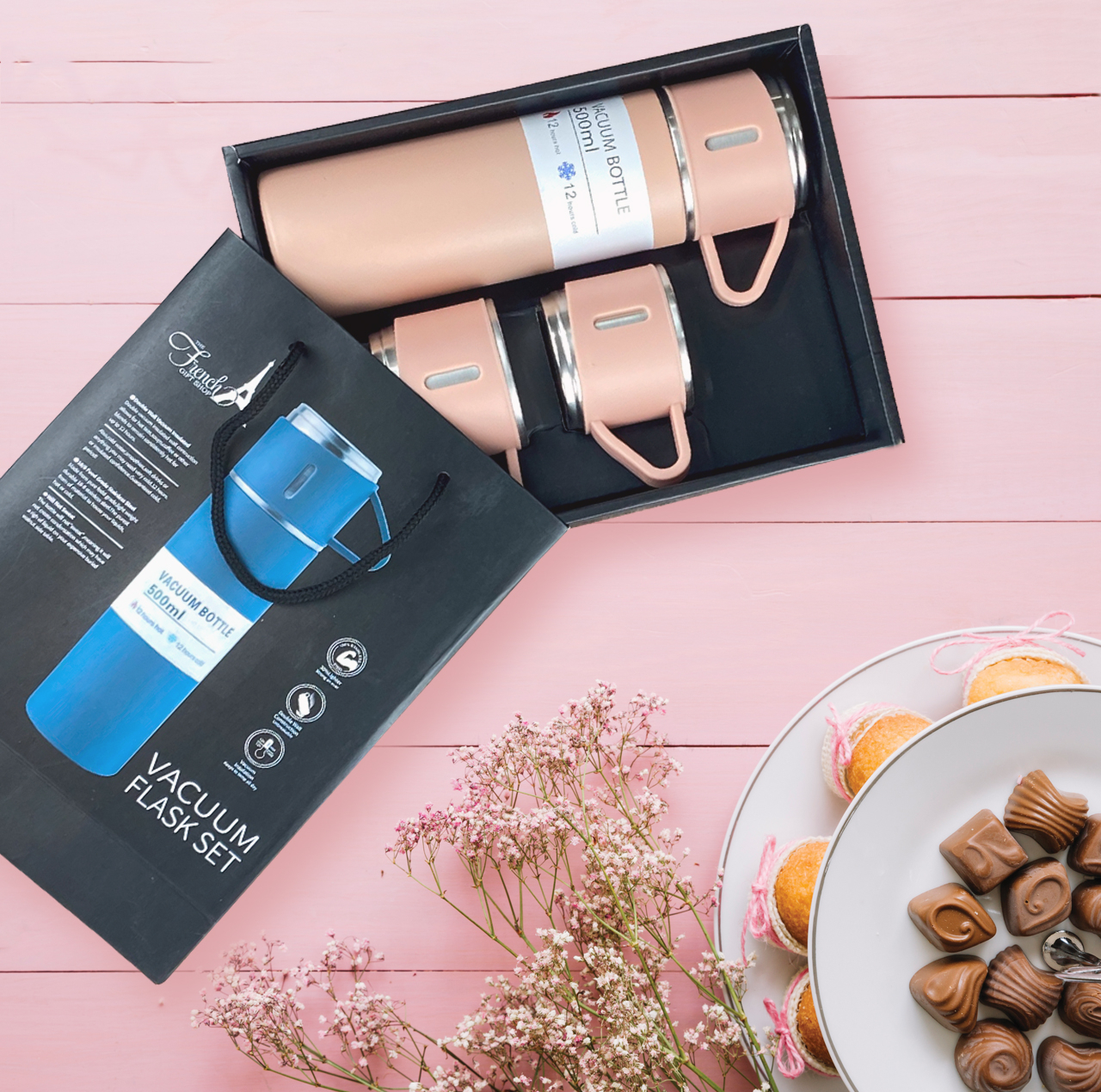 فلاسک مدل کادویی NEW VACUUM FLASK SET گنجایش 0.5 لیتر به همراه لیوان مجموعه 3 عددی
