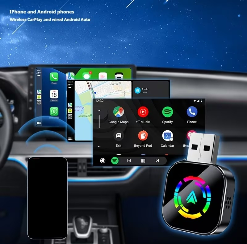 کارپلی و اندروید اتو مدل Wireless CarPlay/Android Auto Q1AS به همراه مبدل USB به USB-C