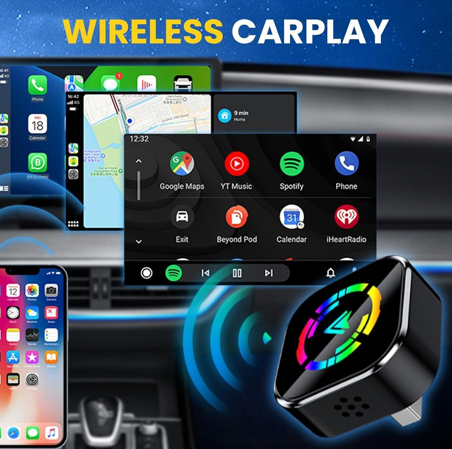 کارپلی و اندروید اتو مدل Wireless CarPlay/Android Auto Q1A به همراه مبدل USB به USB-C