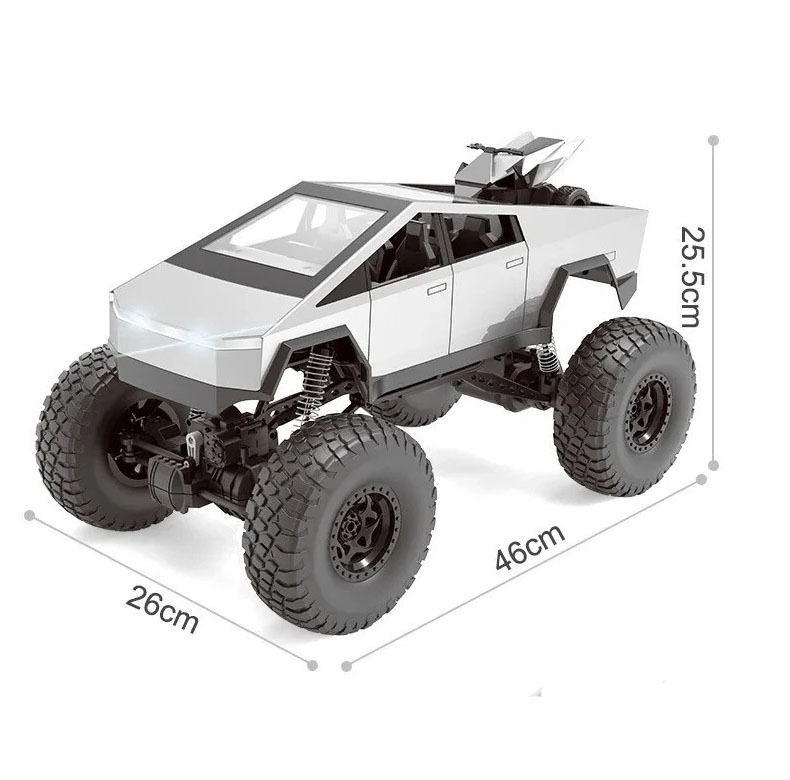 ماشین بازی کنترلی MZ مدل تسلا سایبر تراک بزرگ 1:08 با چهارچرخ محرک 4x4، دو موتور براش، بدنه آلیاژ آلومینیوم، سرعت تا 8 کیلومتر بر ساعت، چراغ LED و باتری شارژی 7.4 ولت با کنترل 2.4 گیگاهرتز