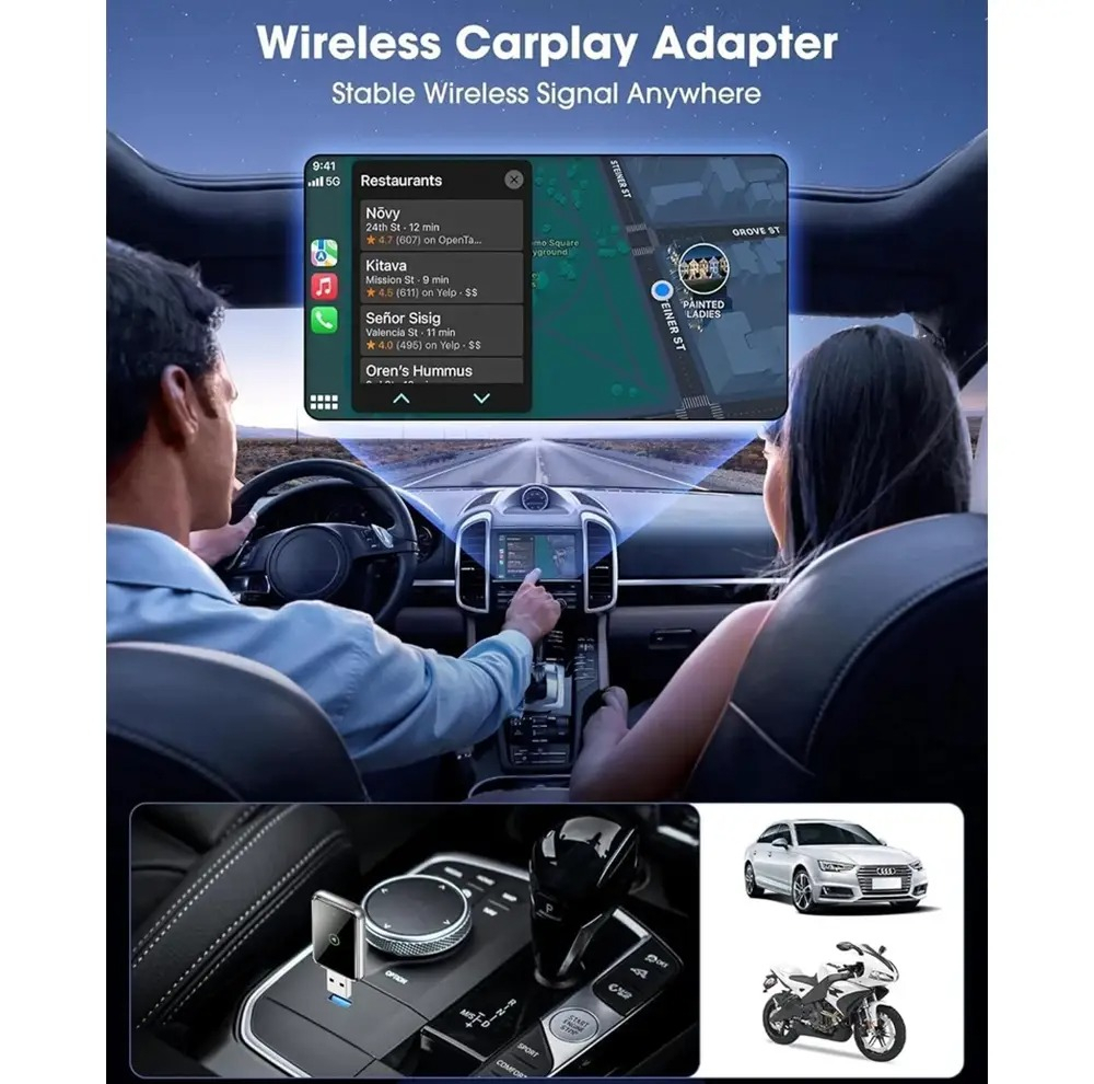 کارپلی و اندروید اتو مدل Wireless CarPlay/Android Auto Q1J به همراه مبدل USB به USB-C