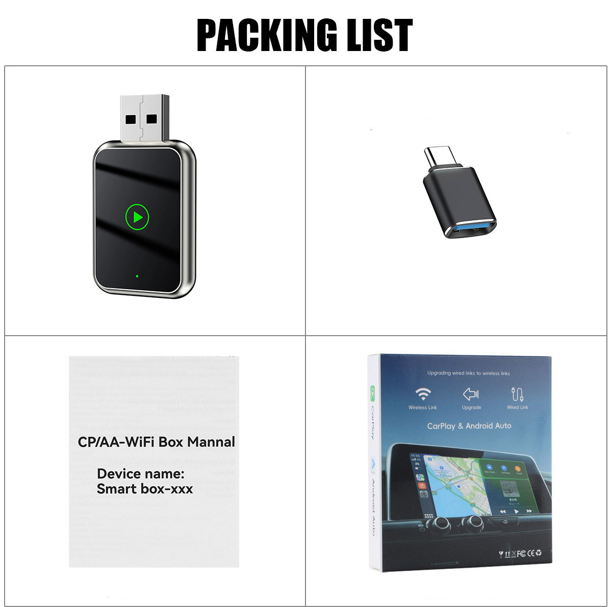 کارپلی و اندروید اتو مدل Wireless CarPlay/Android Auto Q1J به همراه مبدل USB به USB-C