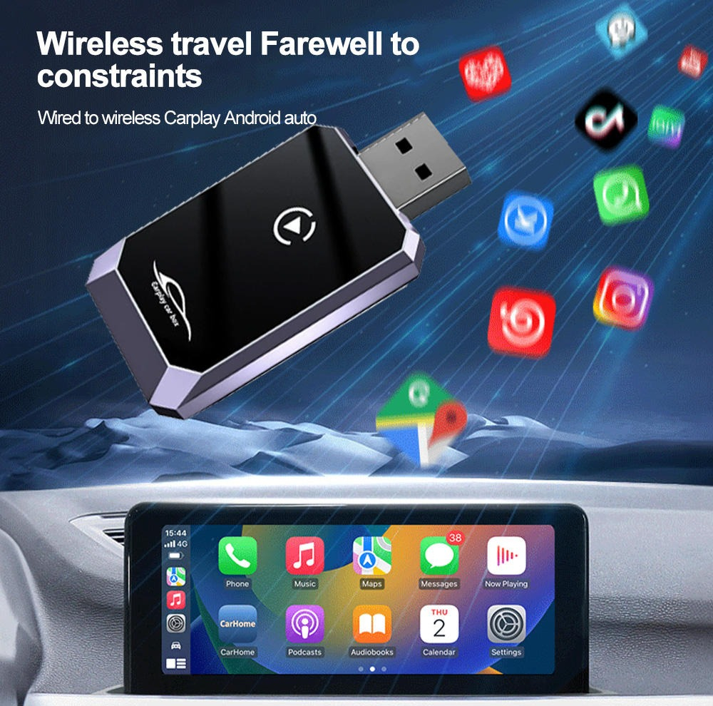 کارپلی و اندروید اتو مدل Wireless CarPlay/Android Auto Q1Y به همراه مبدل USB به USB-C