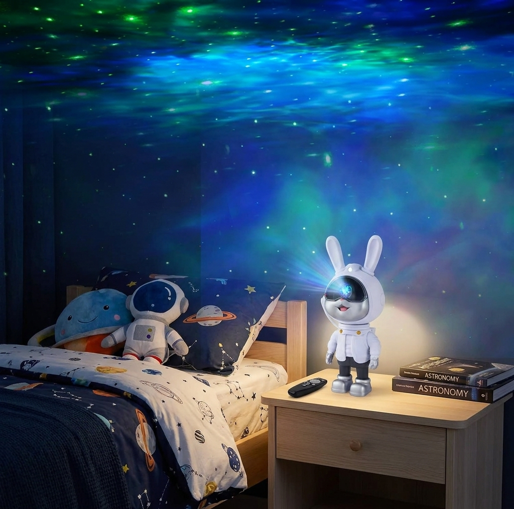 چراغ خواب رومیزی مدل galaxy nightlight projector خرگوش فضانورد با نور کهکشانی