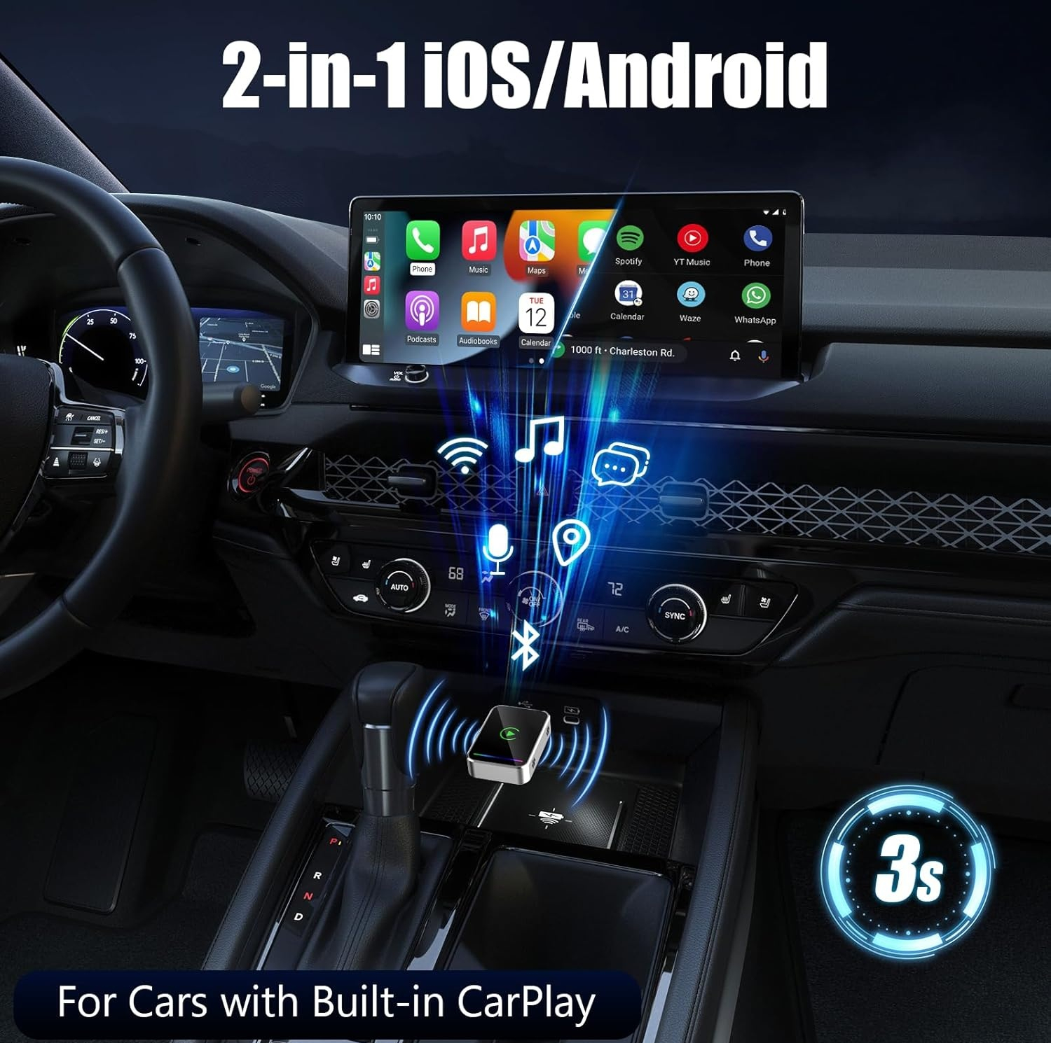 کارپلی و اندروید اتو مدل Wireless CarPlay/Android Auto Q1JS به همراه مبدل USB به USB-C