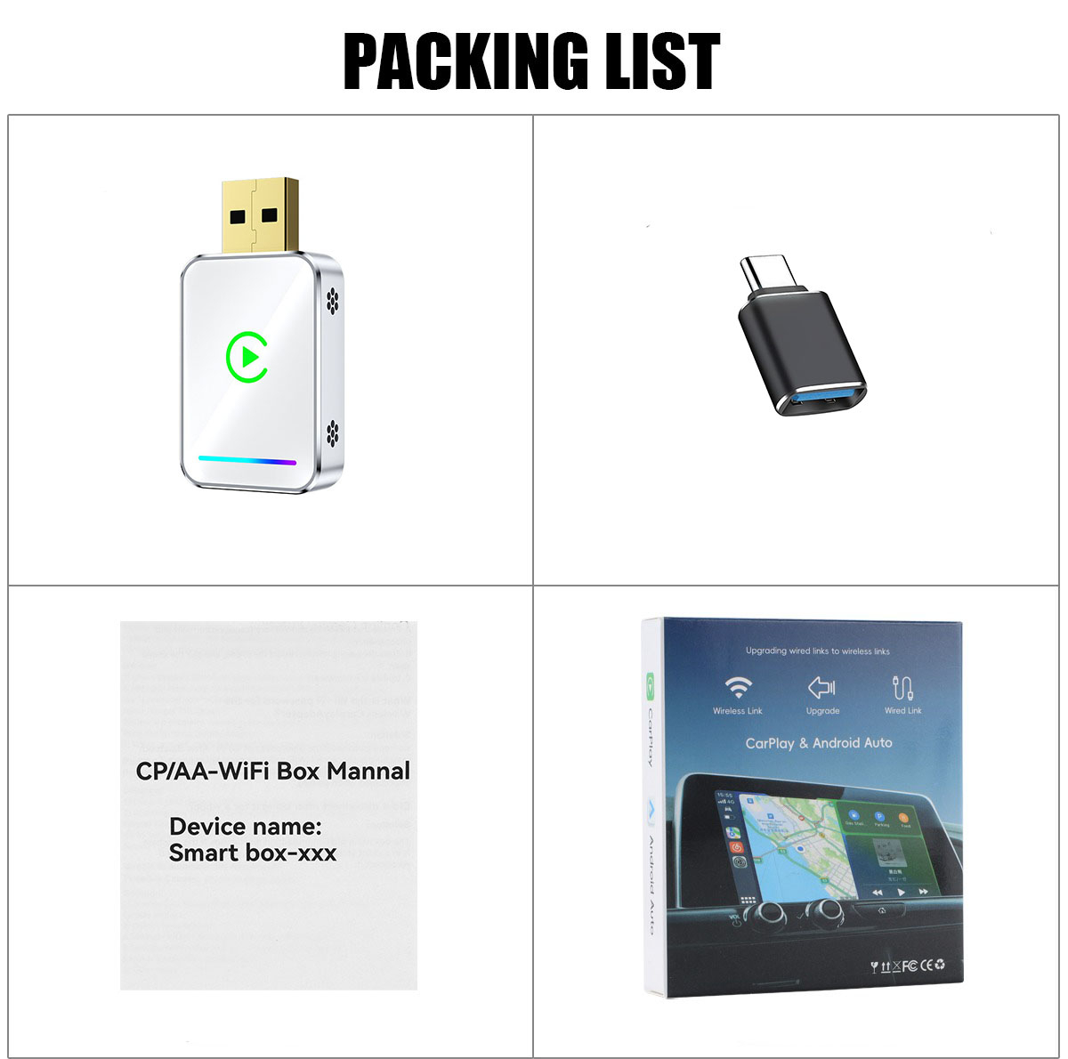 کارپلی و اندروید اتو مدل Wireless CarPlay/Android Auto Q1JS به همراه مبدل USB به USB-C