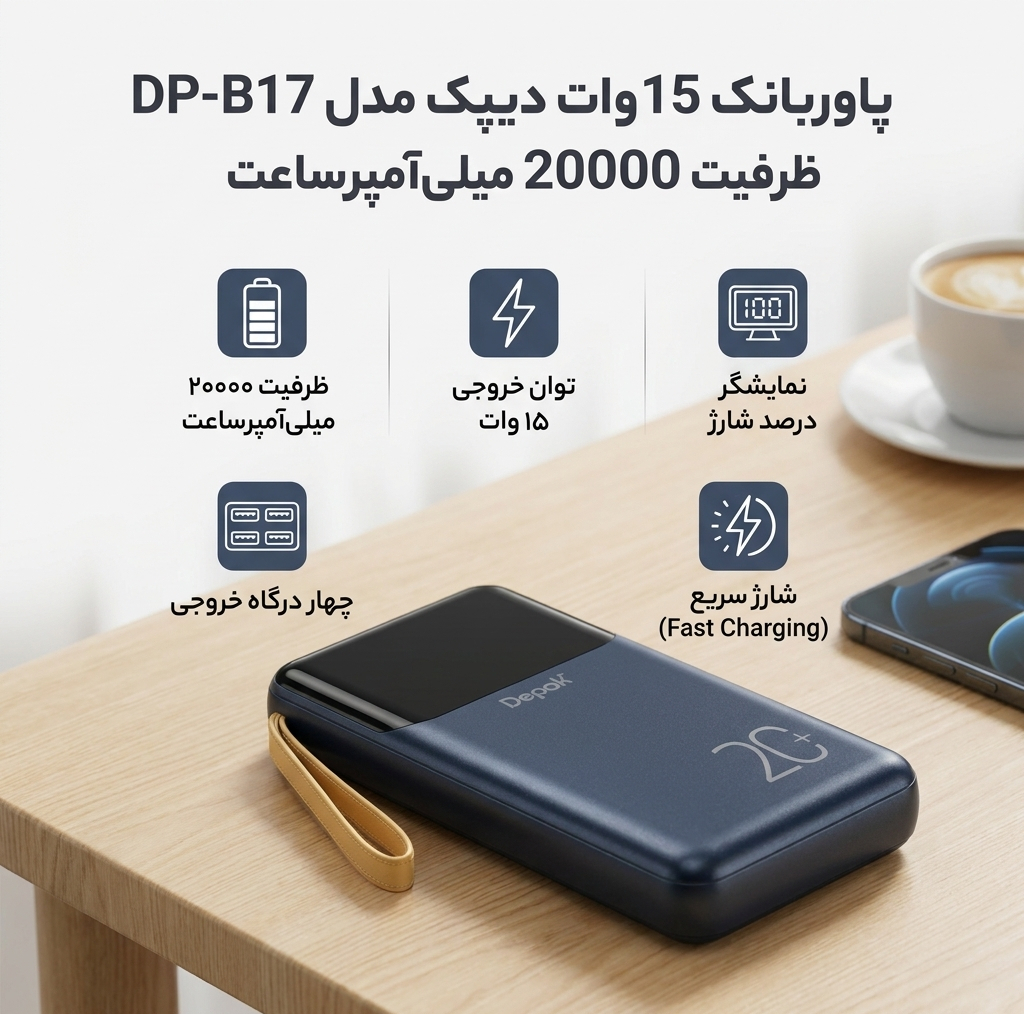 پاوربانک 15 وات دیپک مدل DP-B17 ظرفیت 20000 میلیآمپرساعت