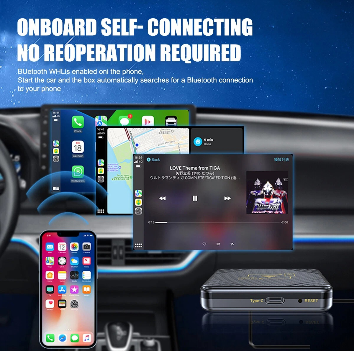 کارپلی و اندروید اتو مدل Wireless CarPlay/Android Auto Q1 به همراه کابل Type-C به USB و کابل Type-C به Type-C