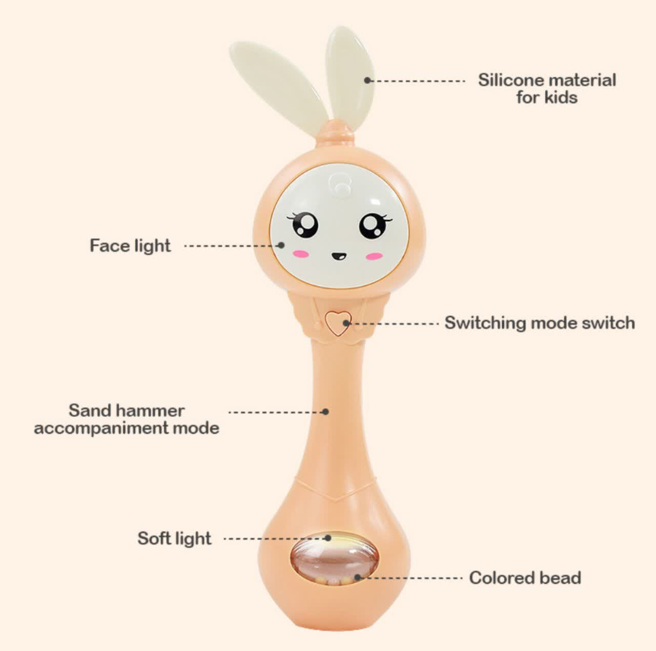 جغجغه ناب سل مدل دستی دندان گیر چراغدار موزیکال خرگوش بامزه  کد Funny rabbit teething hand rattle