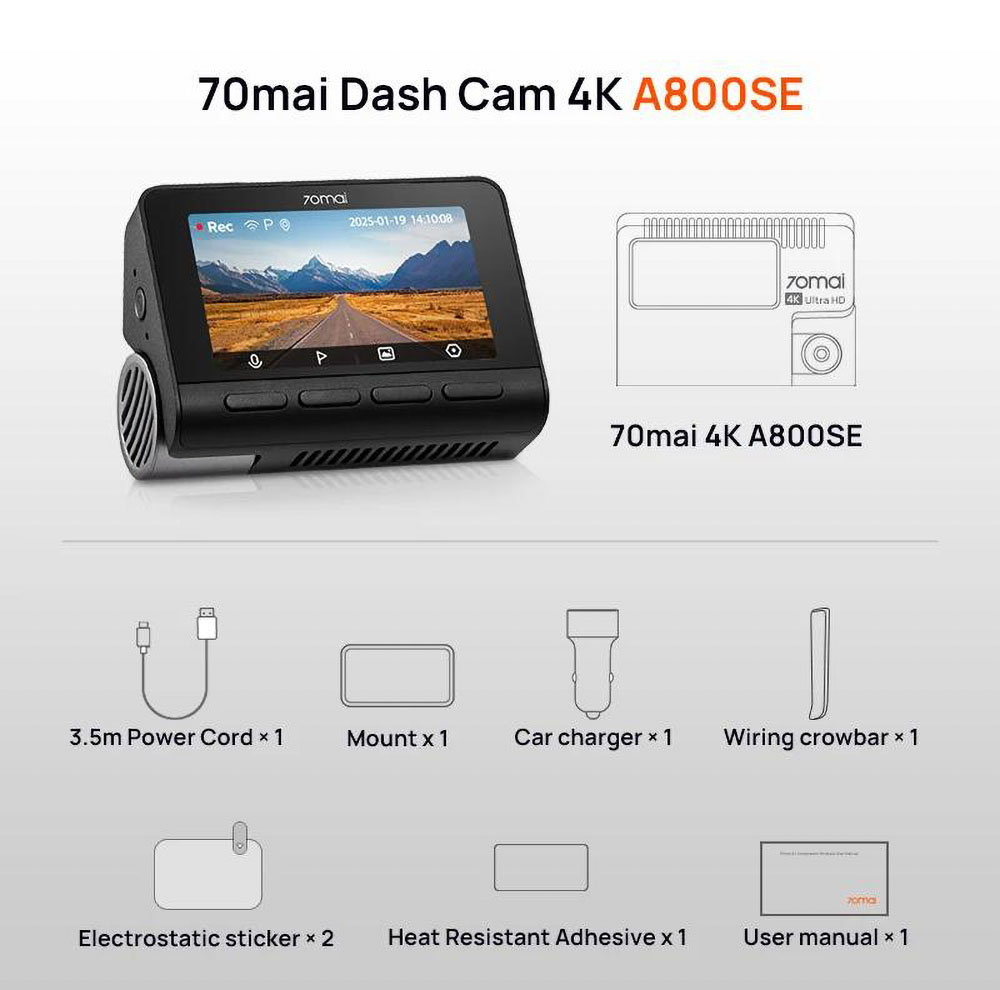 دوربین ثبت وقایع خودرو سونتی می مدل 70mai Dash Cam 4K A800SE Set کد A800SE به همراه دوربین عقب