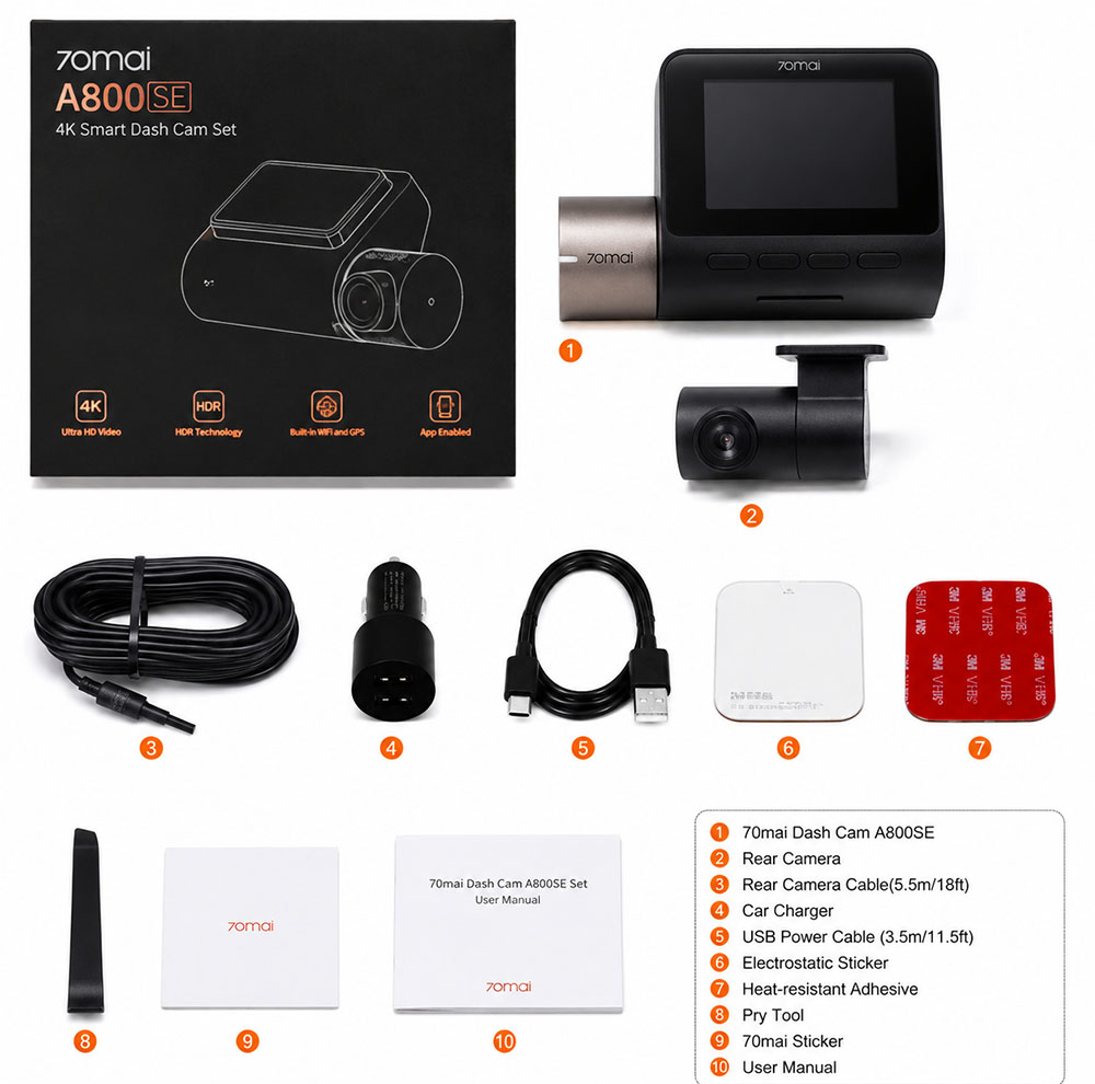 دوربین ثبت وقایع خودرو سونتی می مدل 70mai Dash Cam 4K A800SE Set کد A800SE به همراه دوربین عقب