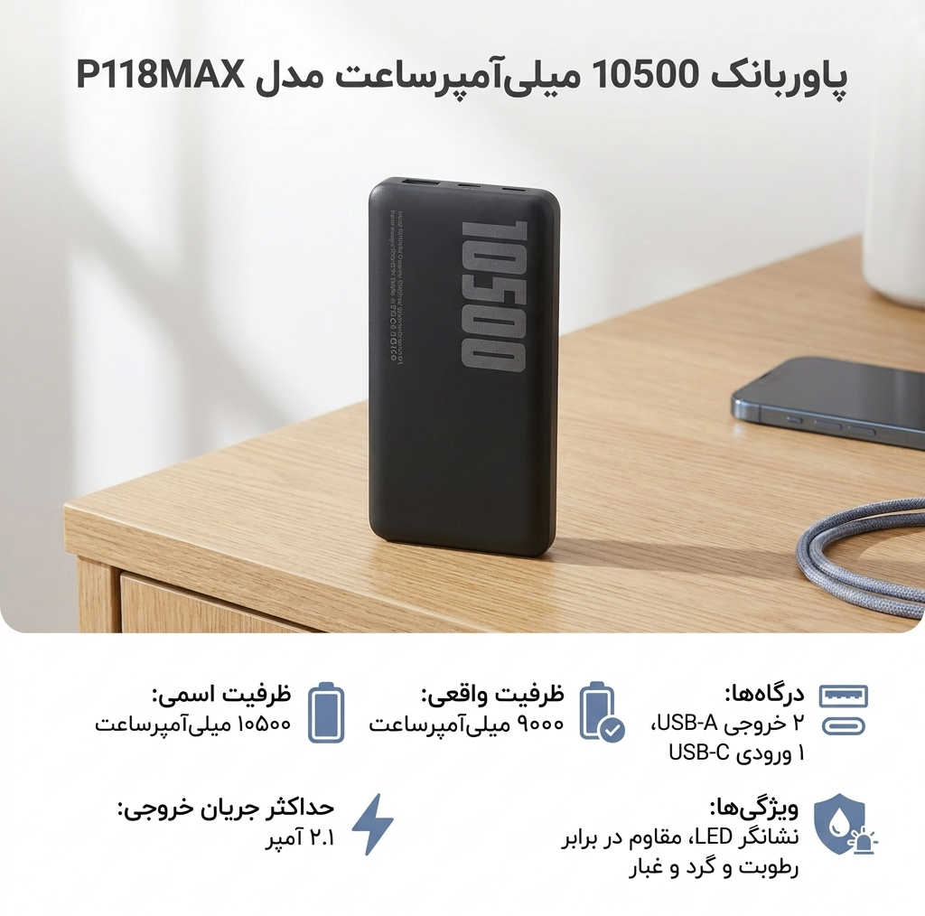 پاوربانک 5 وات کالوس مدل P118MAX ظرفیت 10500 میلی‌آمپرساعت به همراه کابل تبدیل USB-A به USB-C