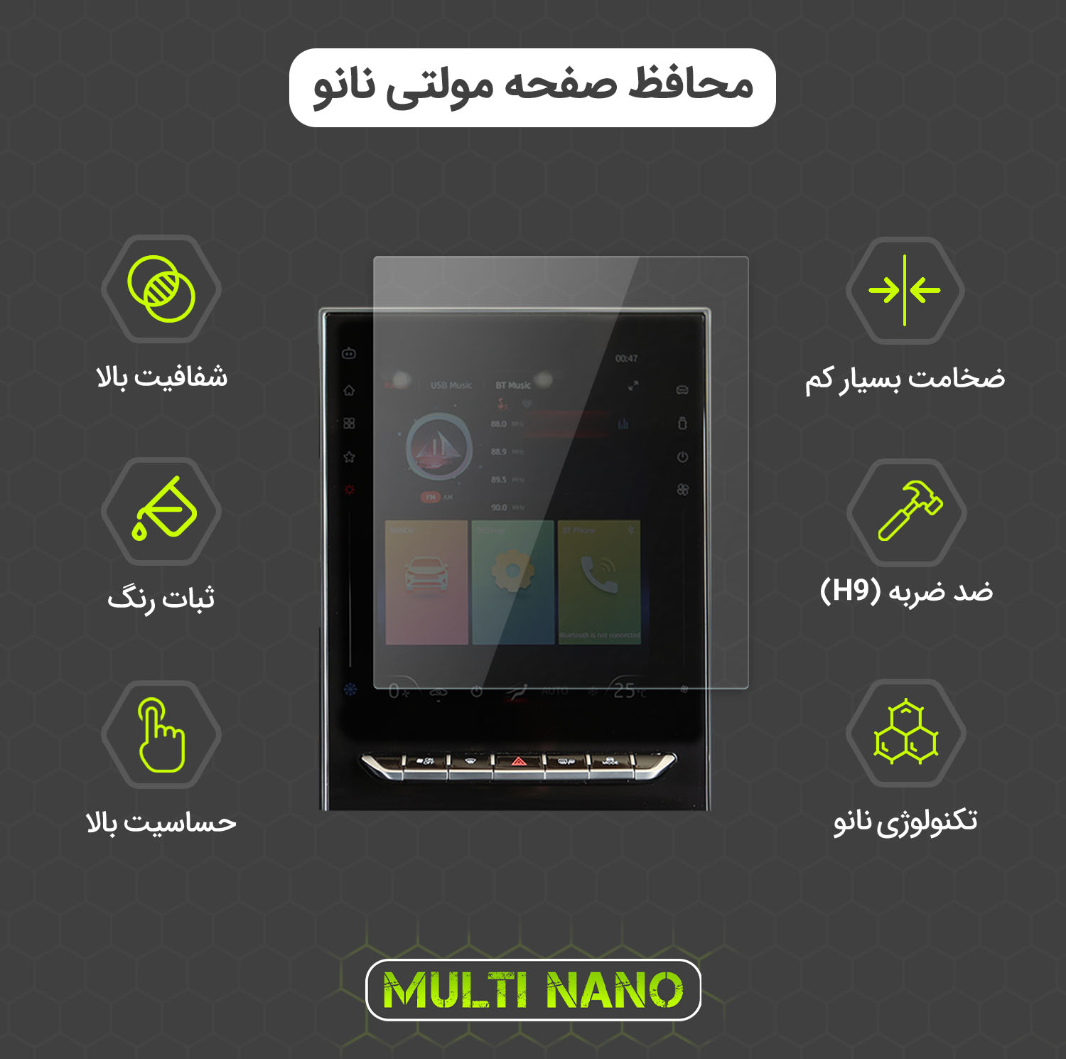 محافظ صفحه نمایش خودرو مولتی نانو مدل X-S2N مناسب برای دنا پلاس بسته دو عددی